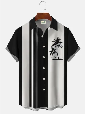 Alohadaddy Black Coconut Tree Cotton-Blend Bowling Casual Shirts