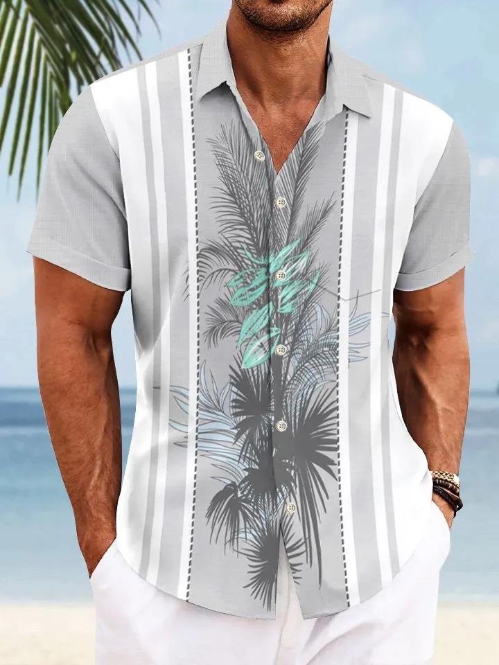 Alohadaddy Plant Leaves Contrast Pocket Button Casual Short Sleeve Shirt