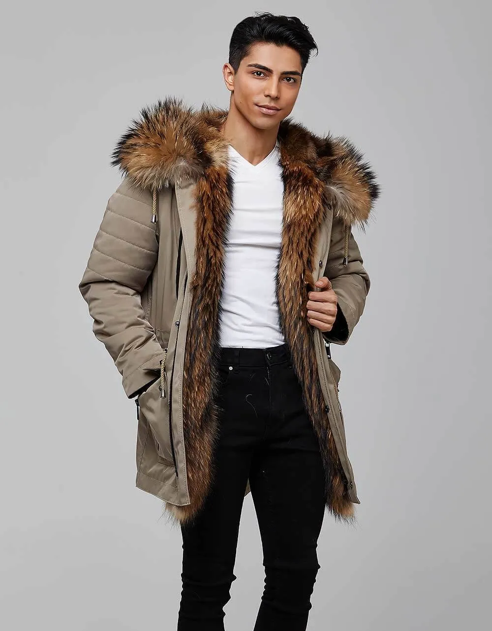 Beige Fur Trimmed Parka For Men