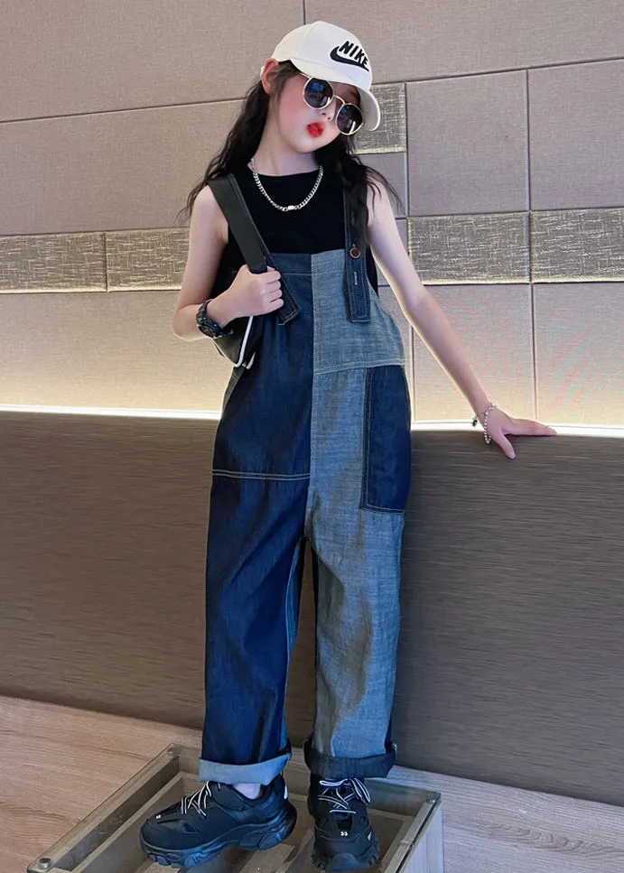Chic Navy Pockets High Waist Girls Denim Overalls Jumpsuit Fall LY9989