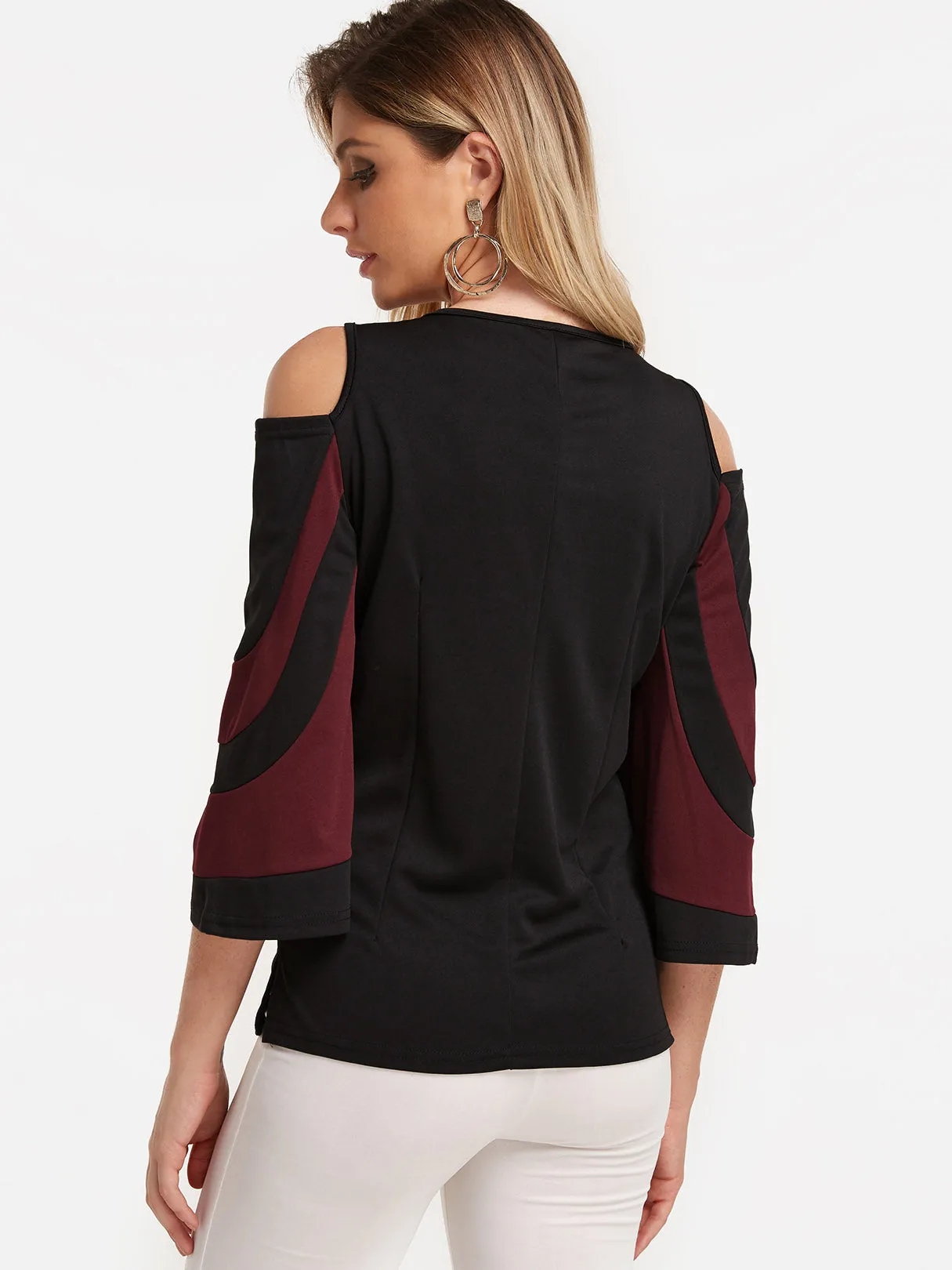 Custom Cold Shoulder Stripe 3/4 Sleeve Black Top