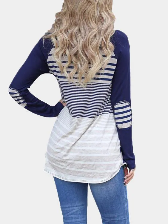 Custom Round Neck Stripe Long Sleeve Curved Hem T-Shirt