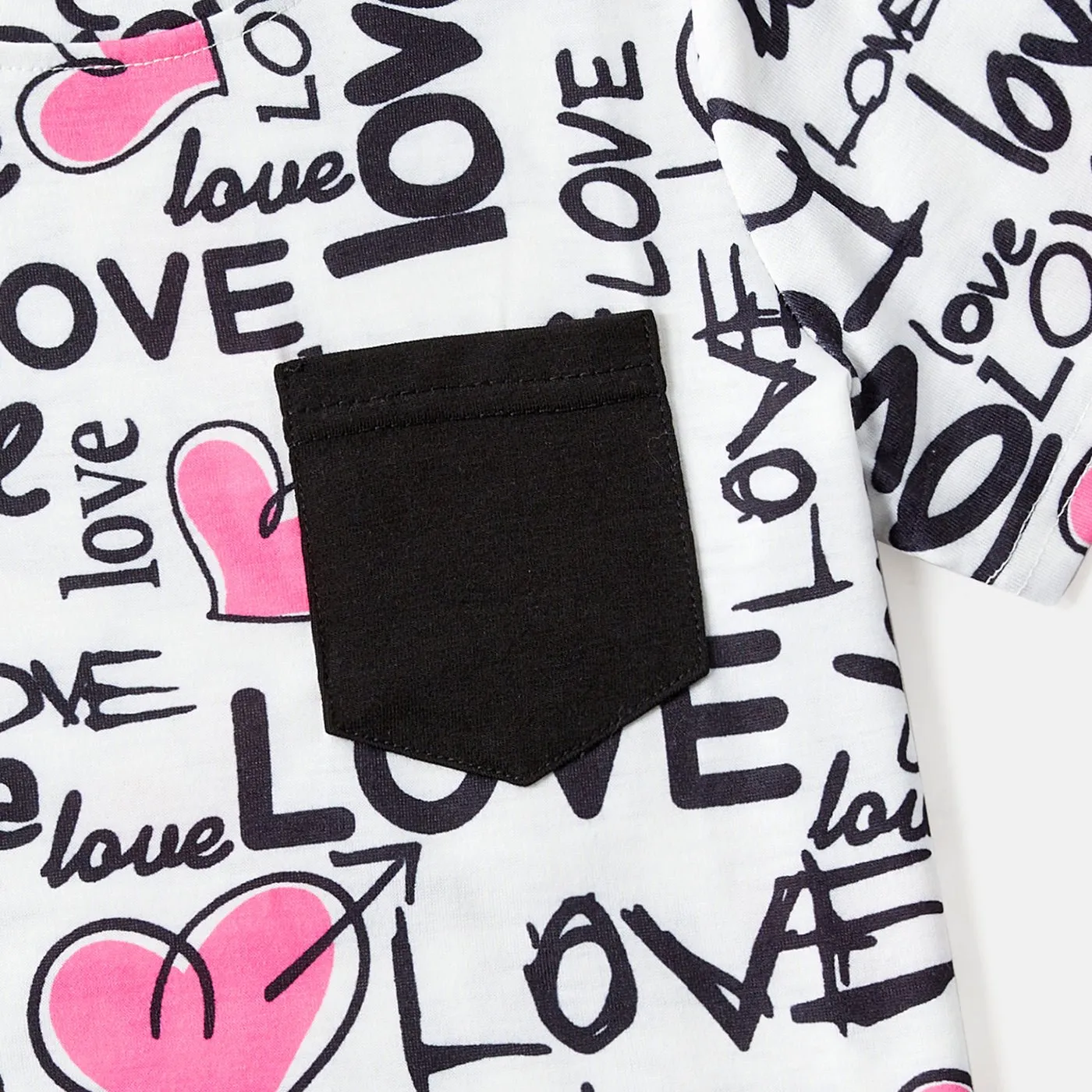 Family Matching Allover Heart & Letter Print Drawstring Ruched Bodycon Dresses and Short-sleeve T-shirts Sets
