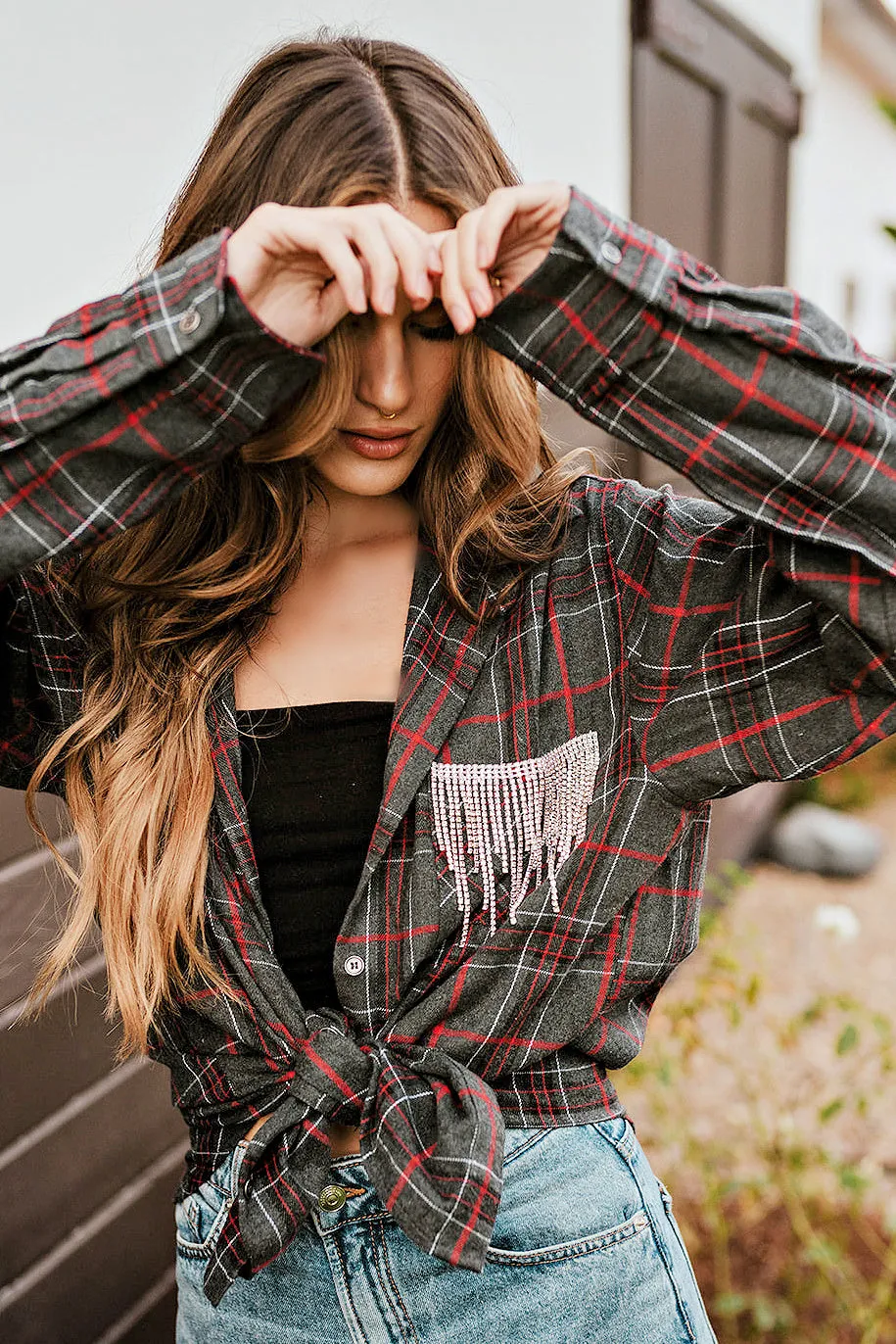 FINAL SALE!! Rhinestone Fringe Flannel in Grey Plaid