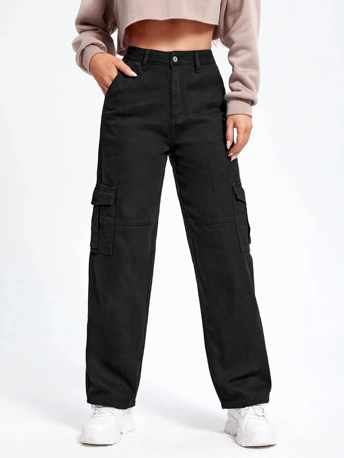 High Waist Long Cargo Jeans
