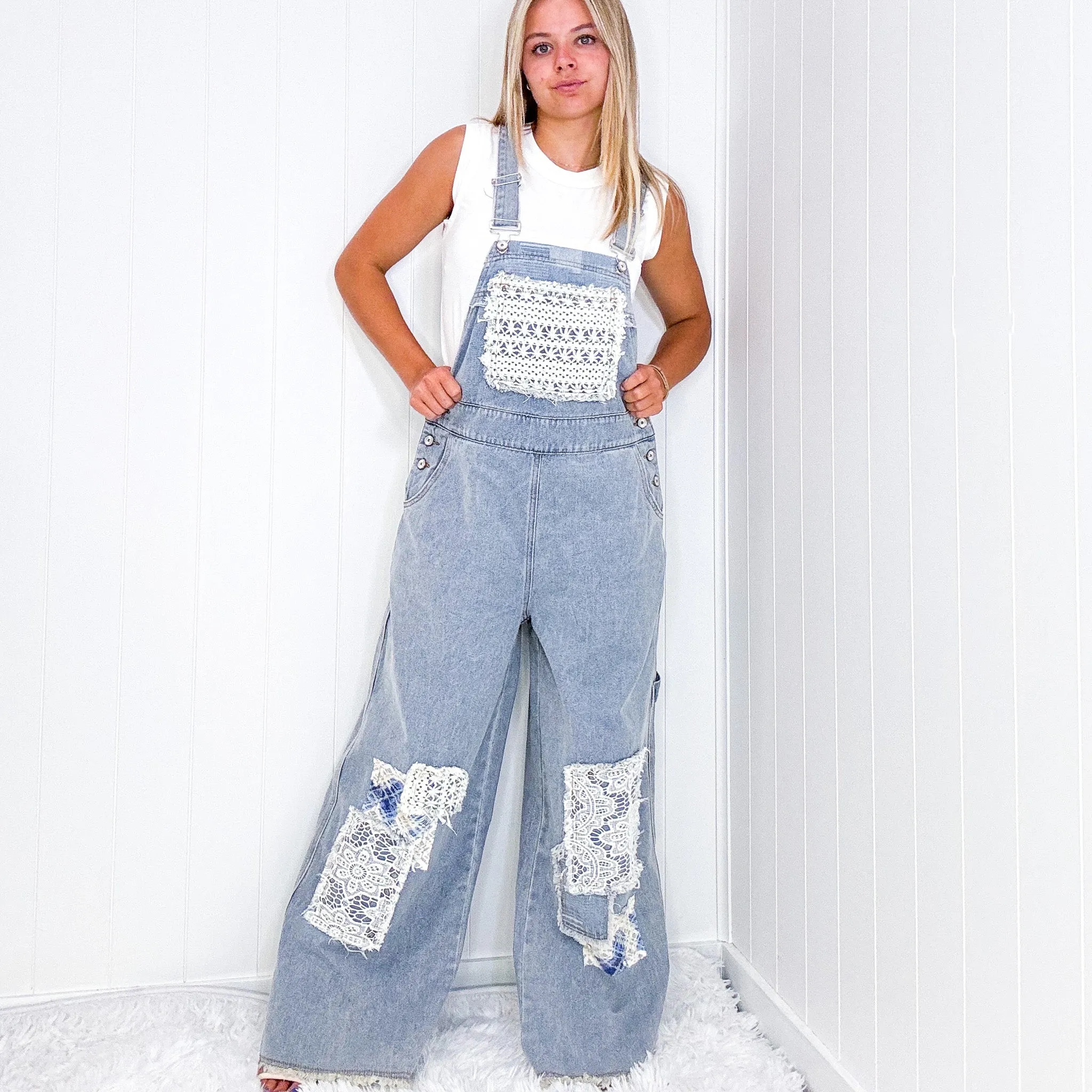 Pol Living Lacy Relaxed Super Wide Leg Patch Detail Denim Overalls